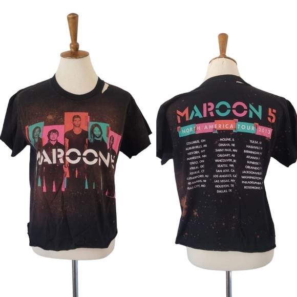 Maroon 5 2013 Tour Black Distressed Upcycled Short Sleeve T Shirt - Picture 1 of 4